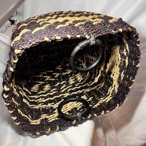 Floor Large Wicker Basket-Black Wood 5" Round handles-Brown/Cream Flexible straw